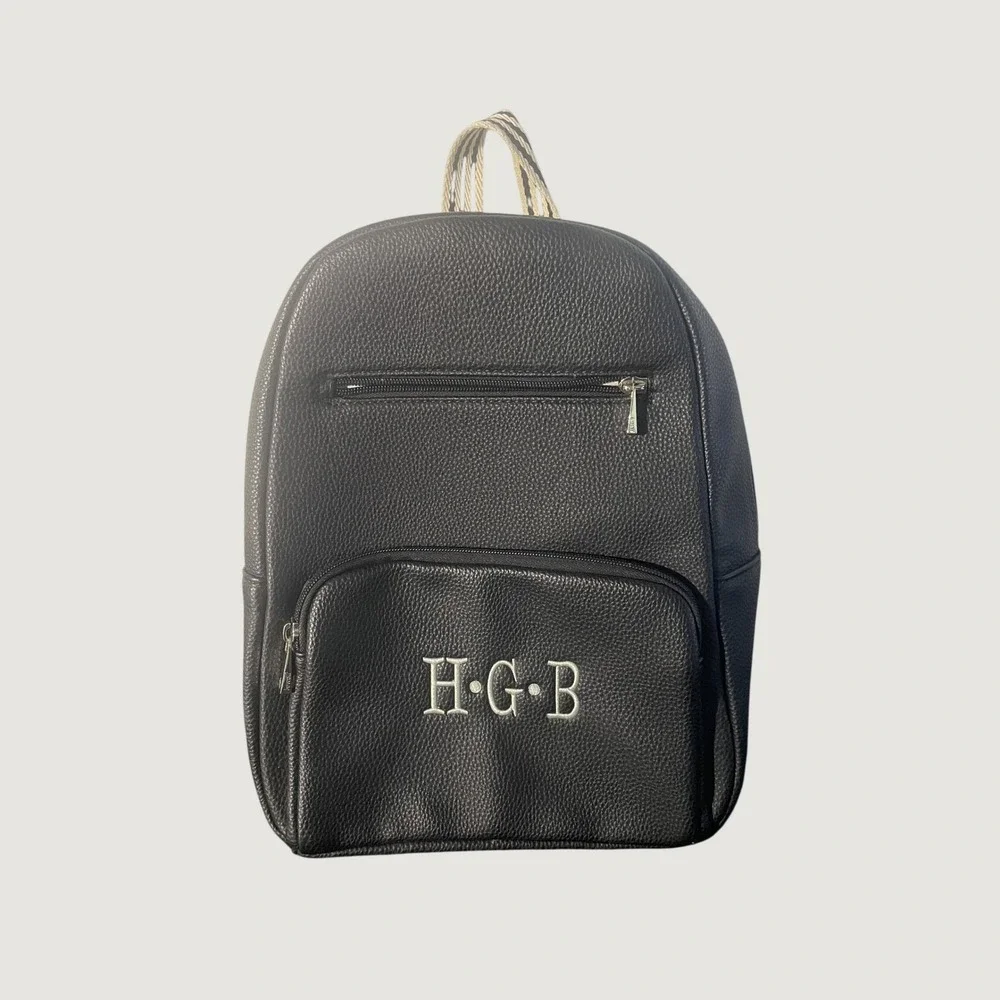 HGB Monogrammed Black Pebbled Vegan Leather Backpack Striped Straps